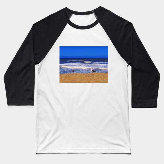 Two seagulls on a sandy beach blue ocean waves in San Diego California Baseball T-Shirt by BoogieCreates